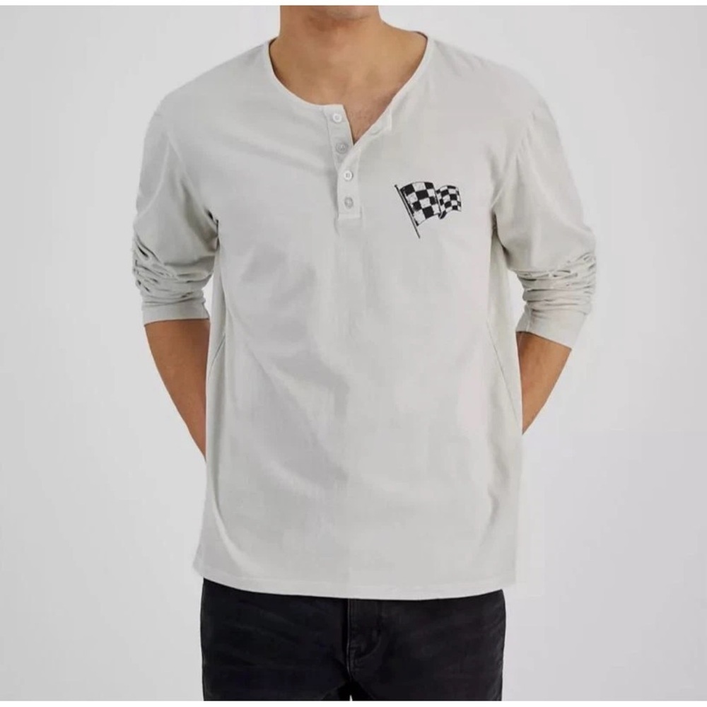 Men's Gray Henley with Checkered Flag Design